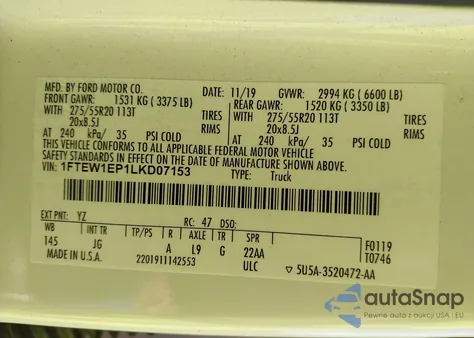 2020 Ford F-150 Xl from USA, damaged, VIN 1FTEW1EP1LKD07153